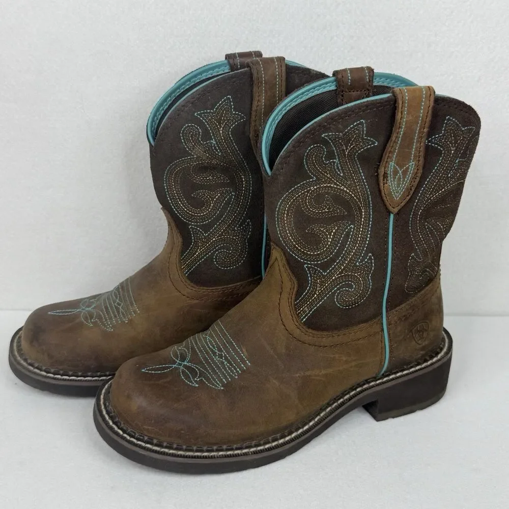 Ariat Women's Fatbaby Western Boots Short Brown Teal Embroidery Size 6.5